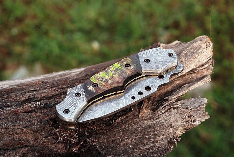 CUSTOM HANDMADE DAMASCUS POCKET KNIFE WITH LEATHER SHEATH