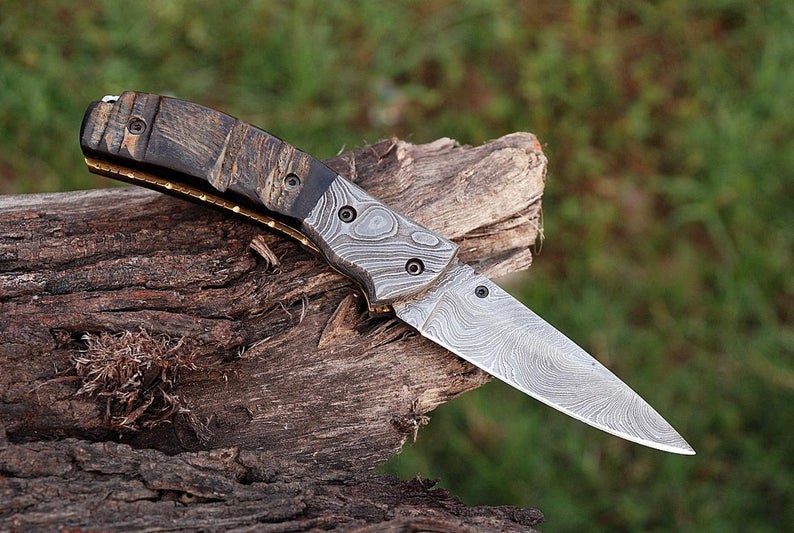 CUSTOM HANDMADE DAMASCUS POCKET KNIFE WITH LEATHER SHEATH