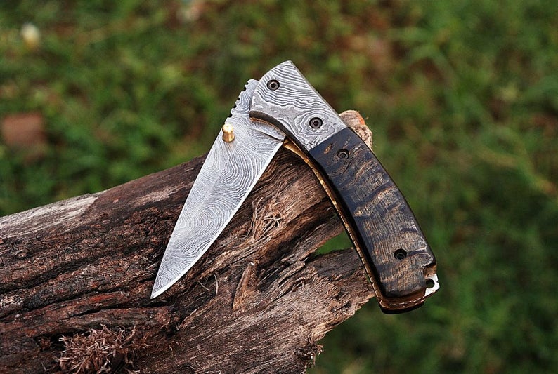 CUSTOM HANDMADE DAMASCUS POCKET KNIFE WITH LEATHER SHEATH