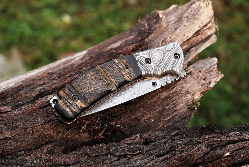 CUSTOM HANDMADE DAMASCUS POCKET KNIFE WITH LEATHER SHEATH