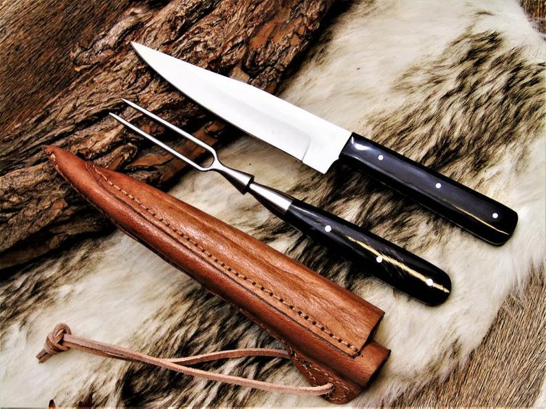 Handmade Damascus Steel Knife & Fork Set | Buffalo Horn Handle | Leather Sheath