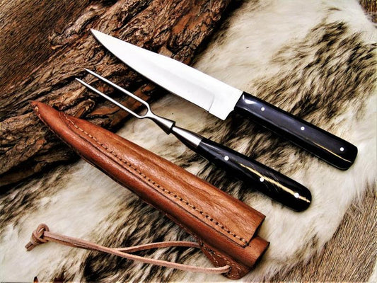 Handmade Damascus Steel Knife & Fork Set | Buffalo Horn Handle | Leather Sheath