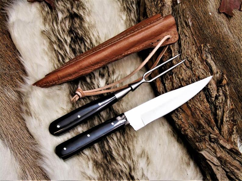 Handmade Damascus Steel Knife & Fork Set | Buffalo Horn Handle | Leather Sheath