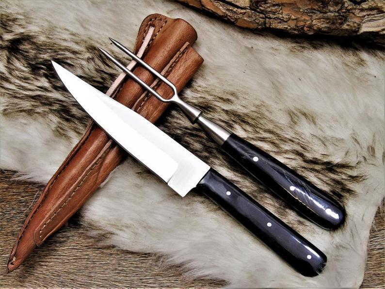 Handmade Damascus Steel Knife & Fork Set | Buffalo Horn Handle | Leather Sheath
