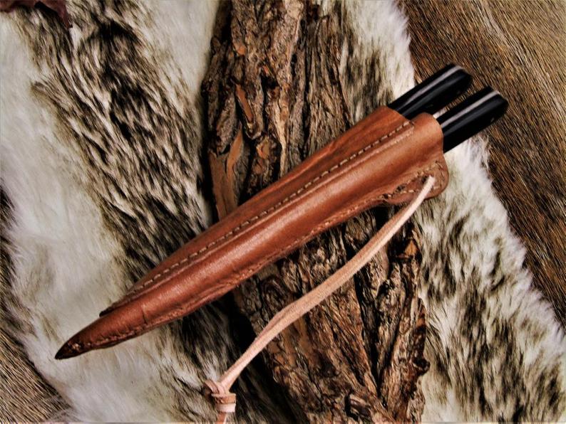 Handmade Damascus Steel Knife & Fork Set | Buffalo Horn Handle | Leather Sheath