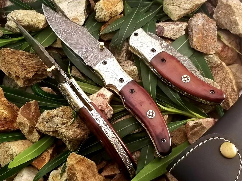 Forged Damascus Folding Pocket Knife with Colored Camel Bone Handle