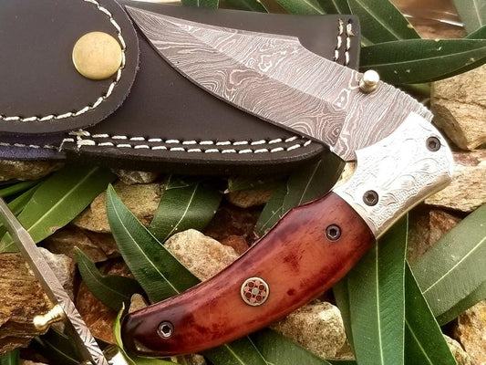 Custom Hand Made Forged Folding Hunter Pocket Knife Damascus Steel Knife Handle Stained Camel Bone Folding With Leather