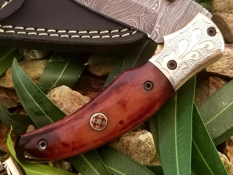 Forged Damascus Folding Pocket Knife with Colored Camel Bone Handle