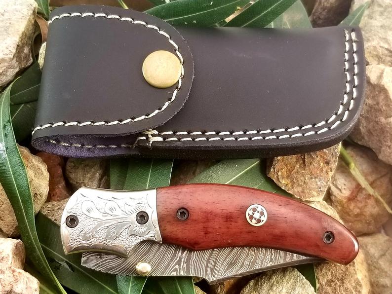 Forged Damascus Folding Pocket Knife with Colored Camel Bone Handle
