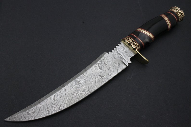 Custom Handmade Damascus Knife Corno Nero Handle with Fantastic Brass Work