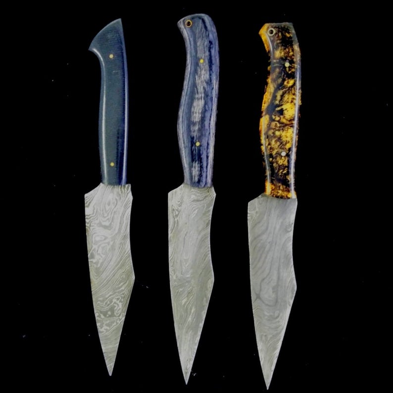 Custom Handmade Damascus Steel Lot Of 3 Hunting Knife Handle Rezon/Hardwood With Leather Sheaths Premium hunting skinner blade Collector’s Damascus skinning knife
