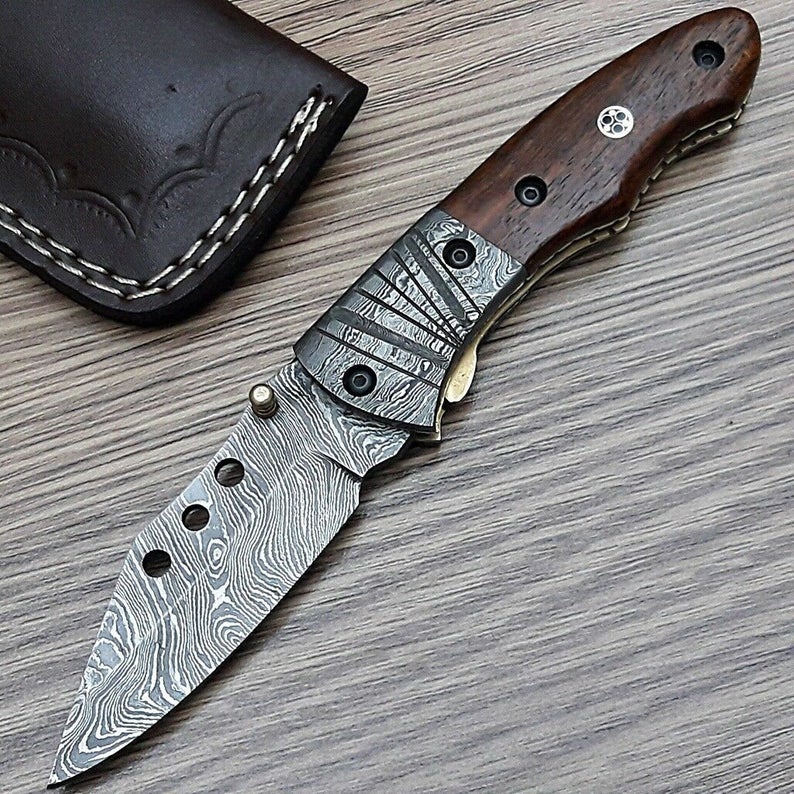Walnut Wood Handle Damascus Folding Knife with Damascus Steel Bolster & Leather Sheath