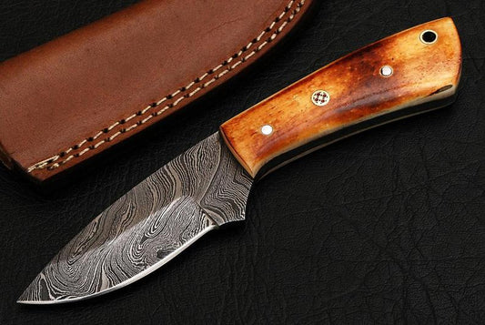 CUSTOM HANDMADE DAMASCUS HUNTING KNIFE HANDLE BURN BONE