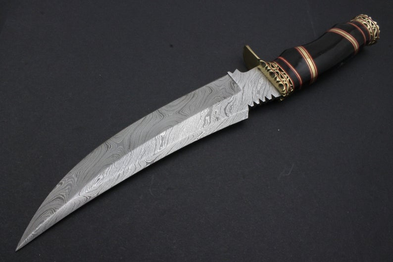 Custom Handmade Damascus Knife Corno Nero Handle with Fantastic Brass Work