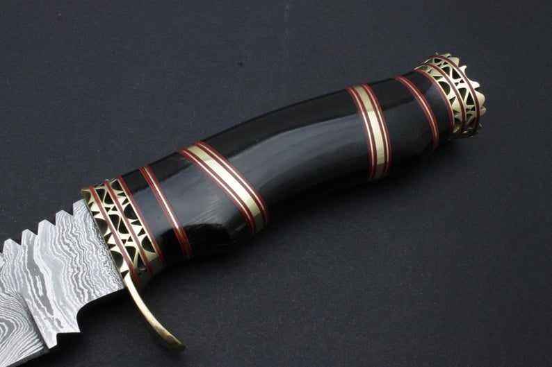 Custom Handmade Damascus Knife Corno Nero Handle with Fantastic Brass Work