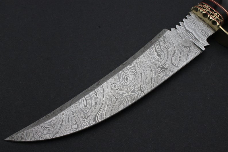 Custom Handmade Damascus Knife Corno Nero Handle with Fantastic Brass Work