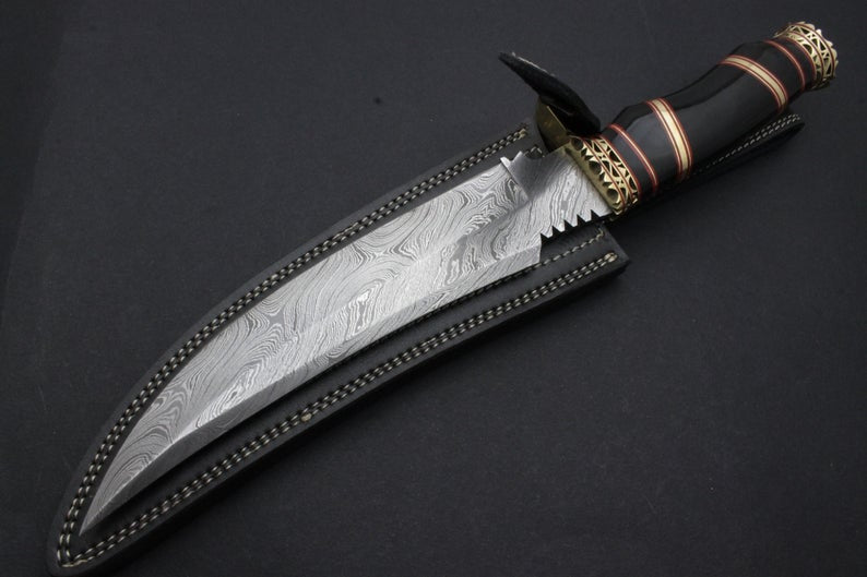 Custom Handmade Damascus Knife Corno Nero Handle with Fantastic Brass Work