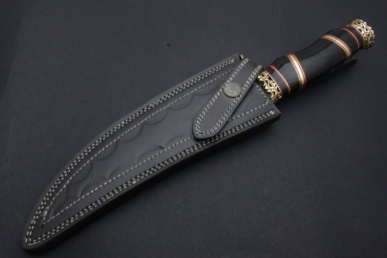 Custom Handmade Damascus Knife Corno Nero Handle with Fantastic Brass Work