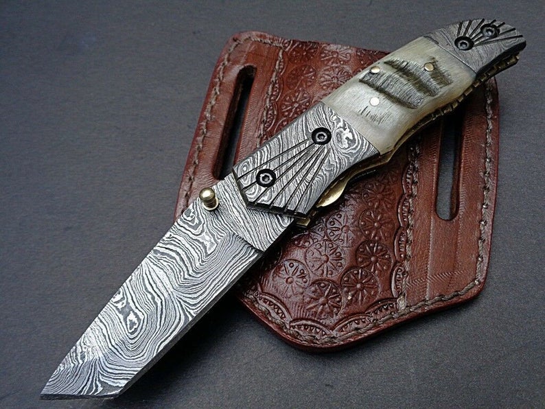 Damascus Steel Folding Knife Featuring Ram Horn Handle & Damascus Bolster