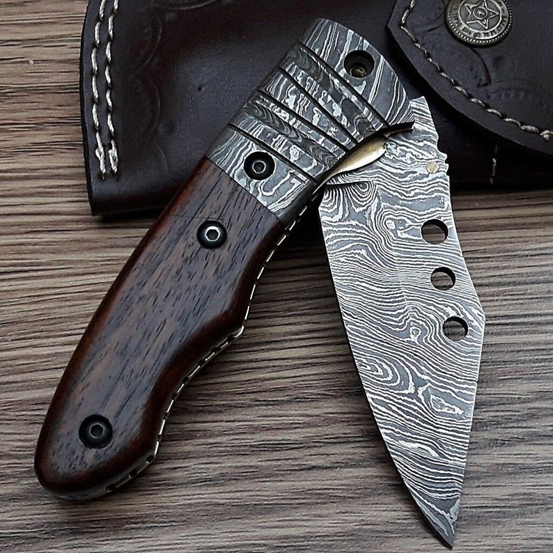 Walnut Wood Handle Damascus Folding Knife with Damascus Steel Bolster & Leather Sheath