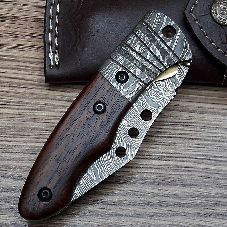 Walnut Wood Handle Damascus Folding Knife with Damascus Steel Bolster & Leather Sheath