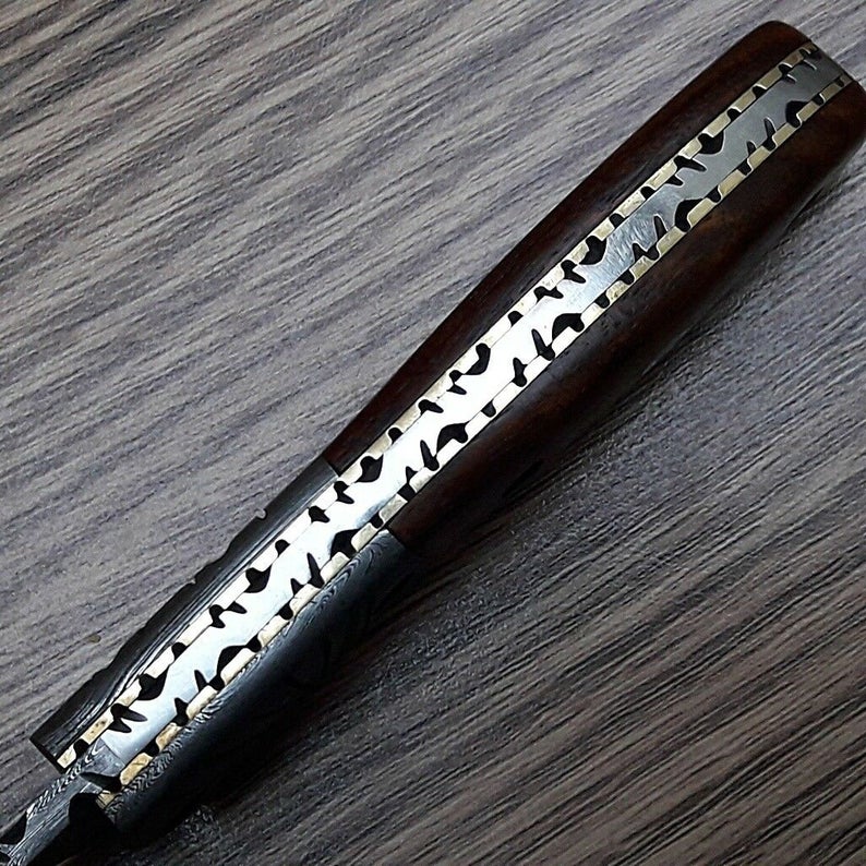 Walnut Wood Handle Damascus Folding Knife with Damascus Steel Bolster & Leather Sheath