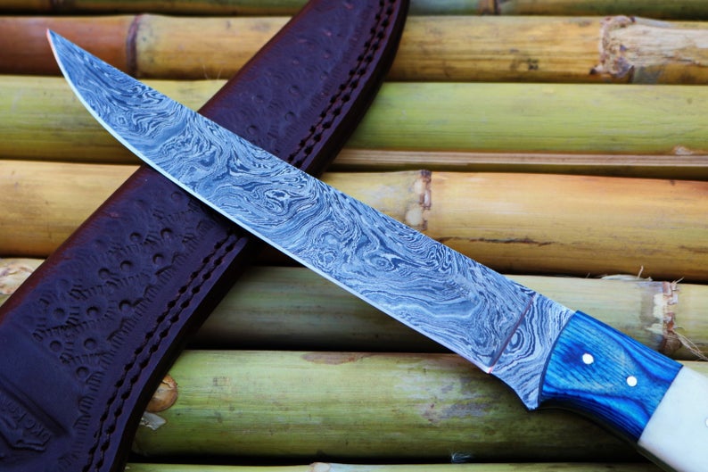 Custom Damascus Steel Fishing Fillet Knife | 7.75" Blade | Handmade | Leather Sheath