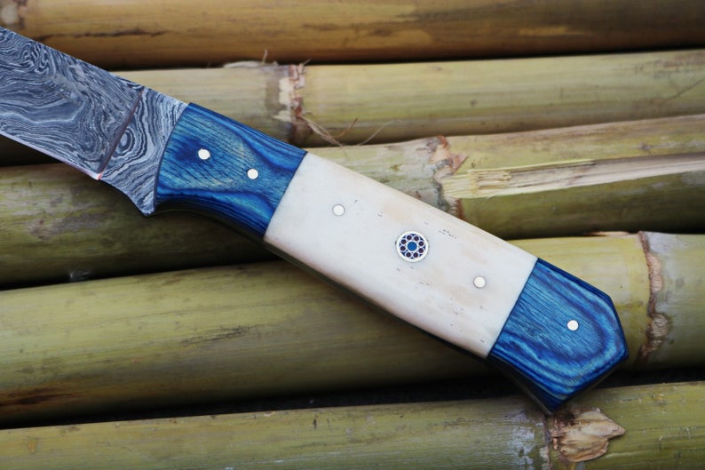 Custom Damascus Steel Fishing Fillet Knife | 7.75" Blade | Handmade | Leather Sheath