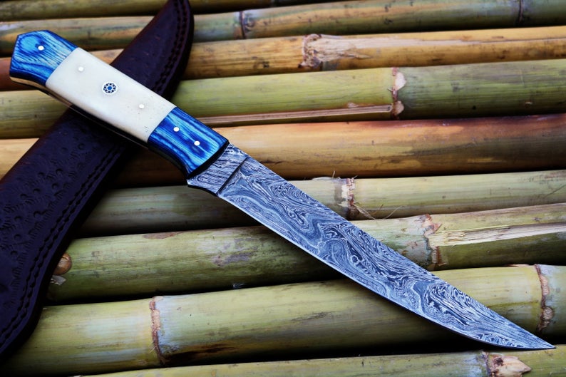 Custom Damascus Steel Fishing Fillet Knife | 7.75" Blade | Handmade | Leather Sheath