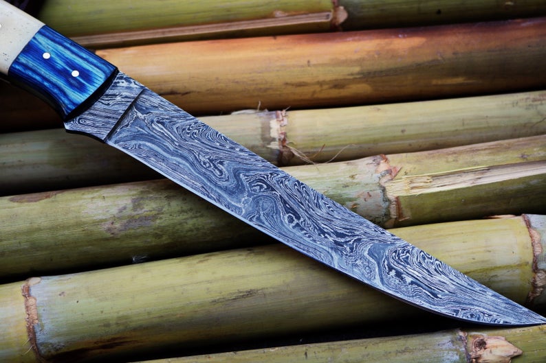 Custom Damascus Steel Fishing Fillet Knife | 7.75" Blade | Handmade | Leather Sheath