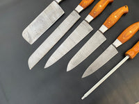 A Beautiful Newly Design Custom Made Damascus Steel Chef Knives Set with Sharpening Rod