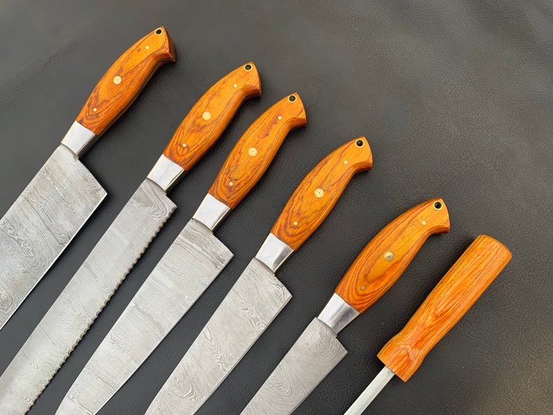 A Beautiful Newly Design Custom Made Damascus Steel Chef Knives Set with Sharpening Rod
