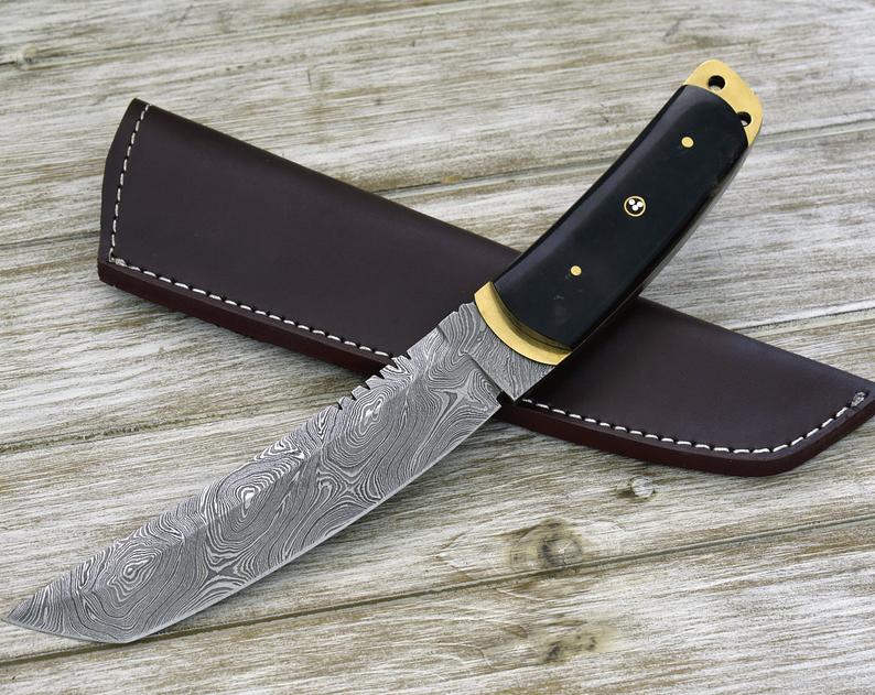 Custom, 12", tactical Tanto knife, damascus knife, Tanto point, hunting knife w/ Buffalo horn scales, brass liner, beautiful twist Damascus