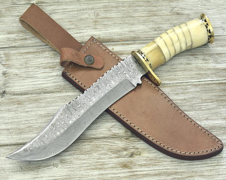 |NB KNIVES| CUSTOM HANDMADE DAMASCUS HUNTING KNIFE WITH LEATHER SHEATH