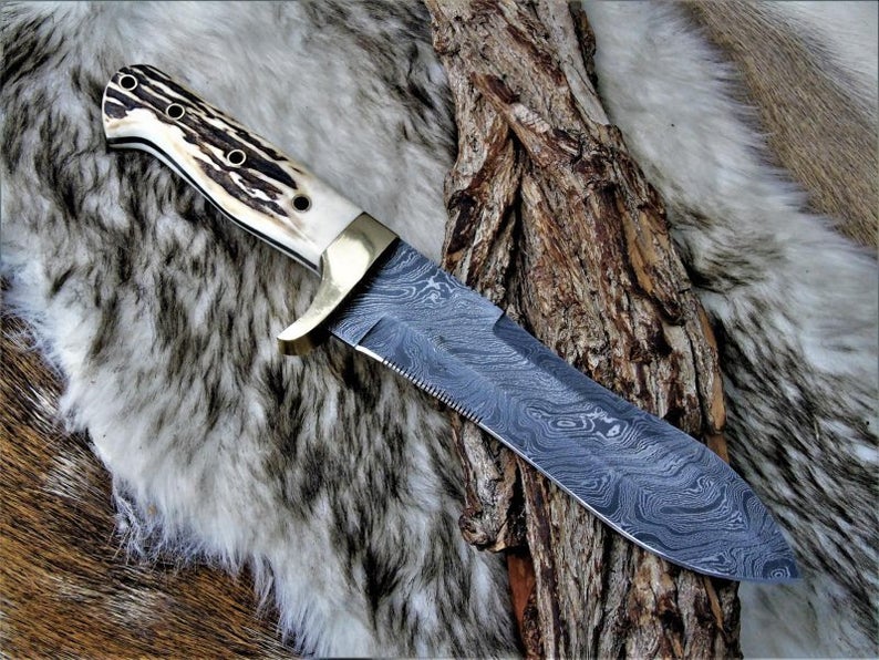 |NB KNIVES| CUSTOM HANDMADE DAMASCUS STEEL STAG HORN HUNTING KNIFE WITH LEATHER SHEATH