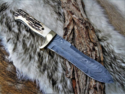 |NB KNIVES| CUSTOM HANDMADE DAMASCUS STEEL STAG HORN HUNTING KNIFE WITH LEATHER SHEATH