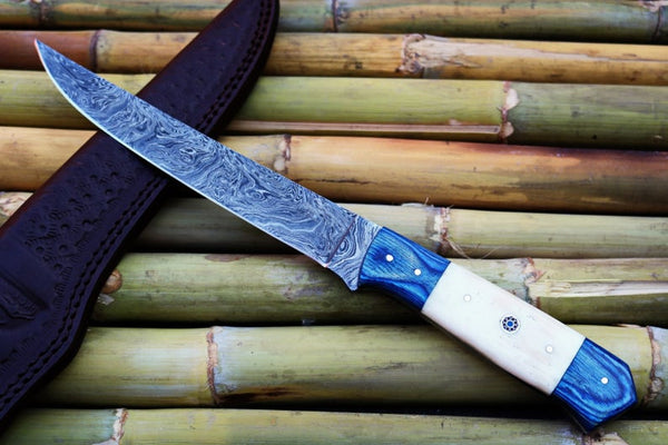 CUSTOM HANDMADE DAMASCUS STEEL FISHING FILLET KNIFE WITH LEATHER SHEAT – NB  CUTLERY LTD
