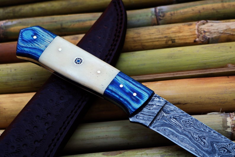 Custom Damascus Steel Fishing Fillet Knife | 7.75" Blade | Handmade | Leather Sheath