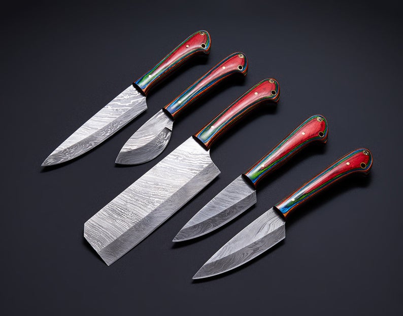 CUSTOM HANDMADE DAMASCUS STEEL CHEF SET WITH LEATHER ROLL KIT