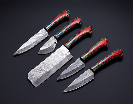 CUSTOM HANDMADE DAMASCUS STEEL CHEF SET WITH LEATHER ROLL KIT