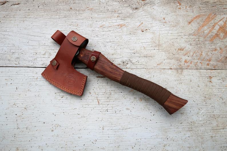 |NB KNIVES| CUSTOM HANDMADE DAMASCUS STEEL AXE WITH LEATHER SHEATH
