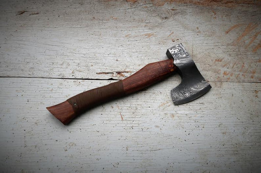 |NB KNIVES| CUSTOM HANDMADE DAMASCUS STEEL AXE WITH LEATHER SHEATH