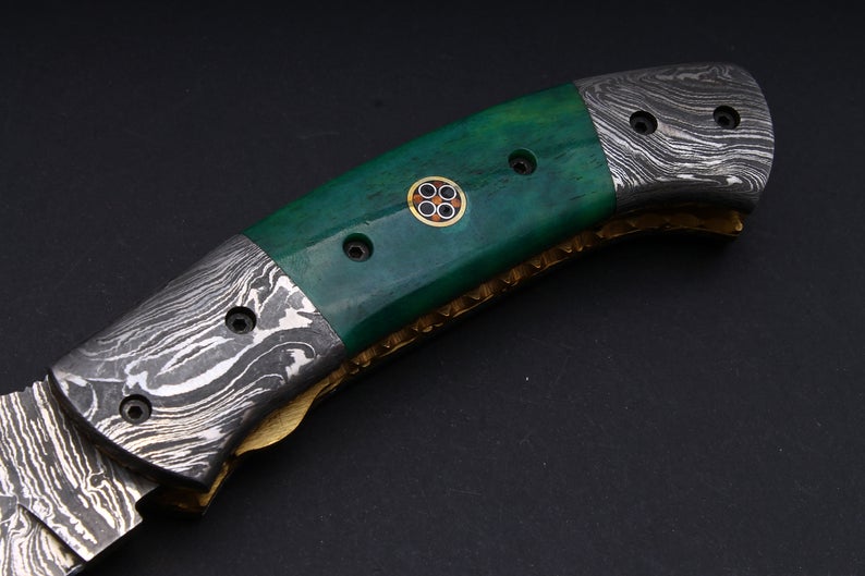 CUSTOM HANDMADE DAMASCUS POCKET KNIFE WITH LEATHER SHEATH