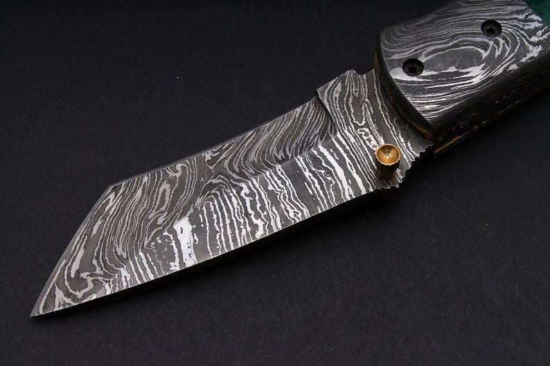 CUSTOM HANDMADE DAMASCUS POCKET KNIFE WITH LEATHER SHEATH