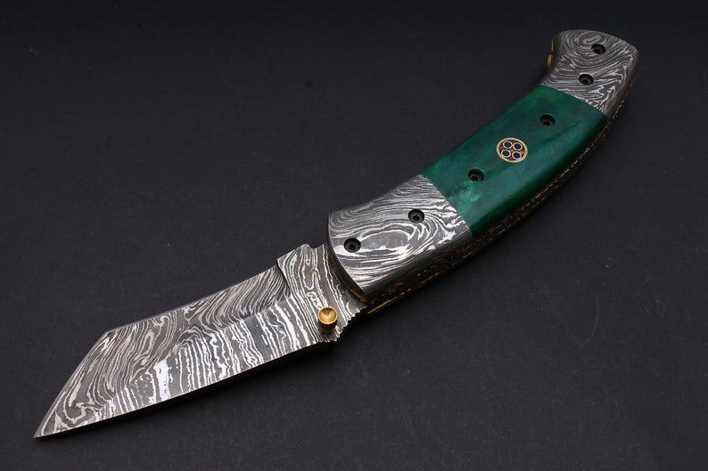 CUSTOM HANDMADE DAMASCUS POCKET KNIFE WITH LEATHER SHEATH