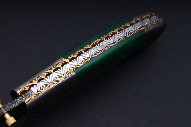 CUSTOM HANDMADE DAMASCUS POCKET KNIFE WITH LEATHER SHEATH