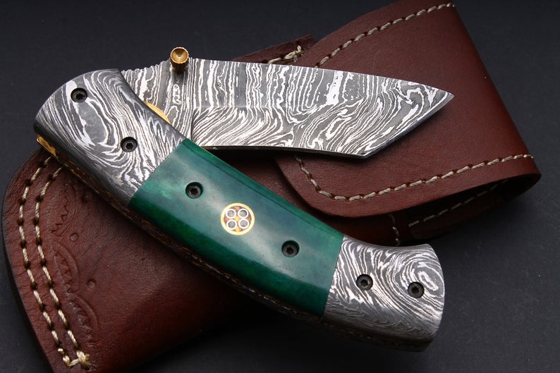 CUSTOM HANDMADE DAMASCUS POCKET KNIFE WITH LEATHER SHEATH
