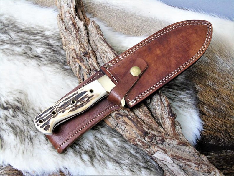 |NB KNIVES| CUSTOM HANDMADE DAMASCUS STEEL STAG HORN HUNTING KNIFE WITH LEATHER SHEATH