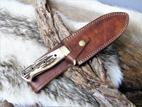 |NB KNIVES| CUSTOM HANDMADE DAMASCUS STEEL STAG HORN HUNTING KNIFE WITH LEATHER SHEATH