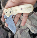 CUSTOM HANDMADE DAMASCUS STEEL POCKET KNIFE WITH LEATHER